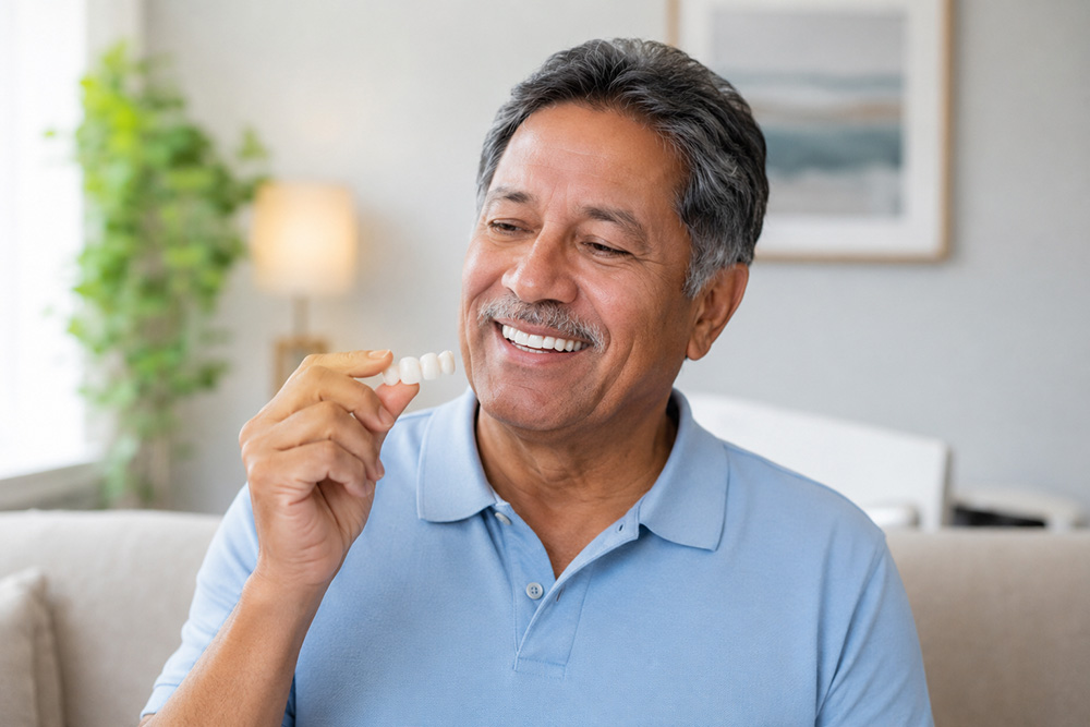 Male dental patient at Austin Smile Studio holding dental bridge