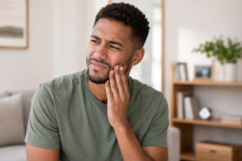 Male dental patient at Austin Smile Studio hold jaw in pain