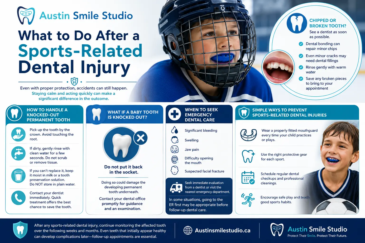 Young soccer player holding his jaw after a sports-related dental injury with illustrations showing a chipped tooth, knocked-out tooth, and emergency dental care steps.