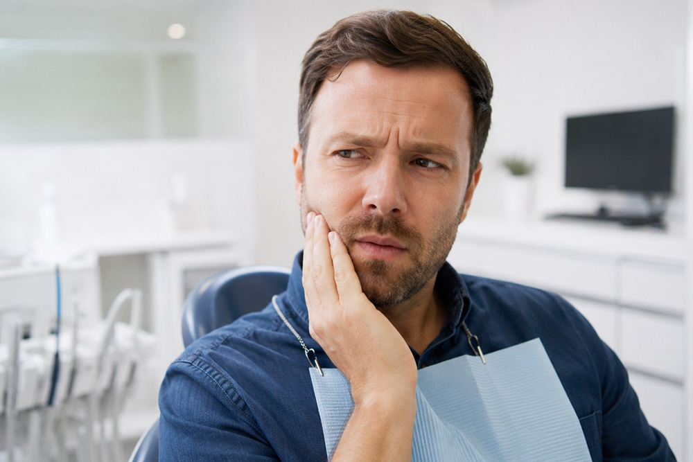 Male dental patient holding jaw in pain