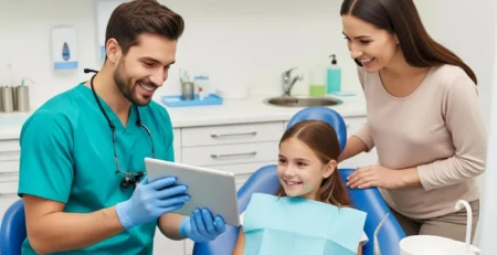Family meeting with a dentist at a modern dental clinic in Coquitlam